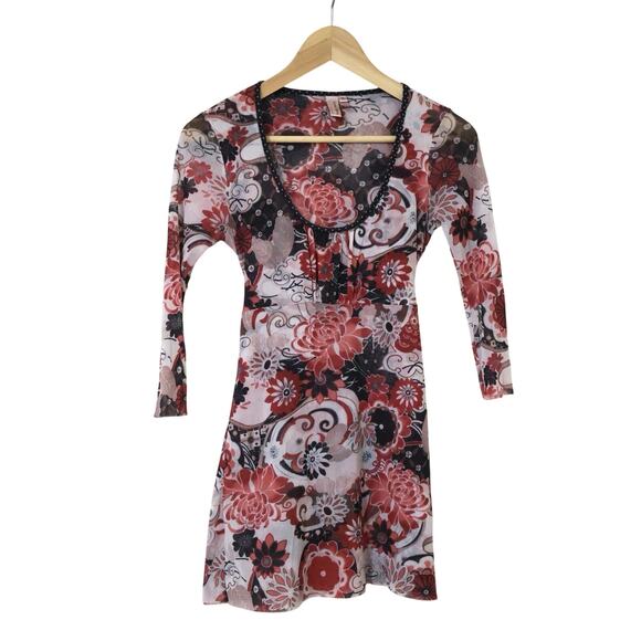 Vintage Sweet Pea Pink Floral Mesh Babydoll Tunic Top S/M 90s y2k - Picture 1 of 6
